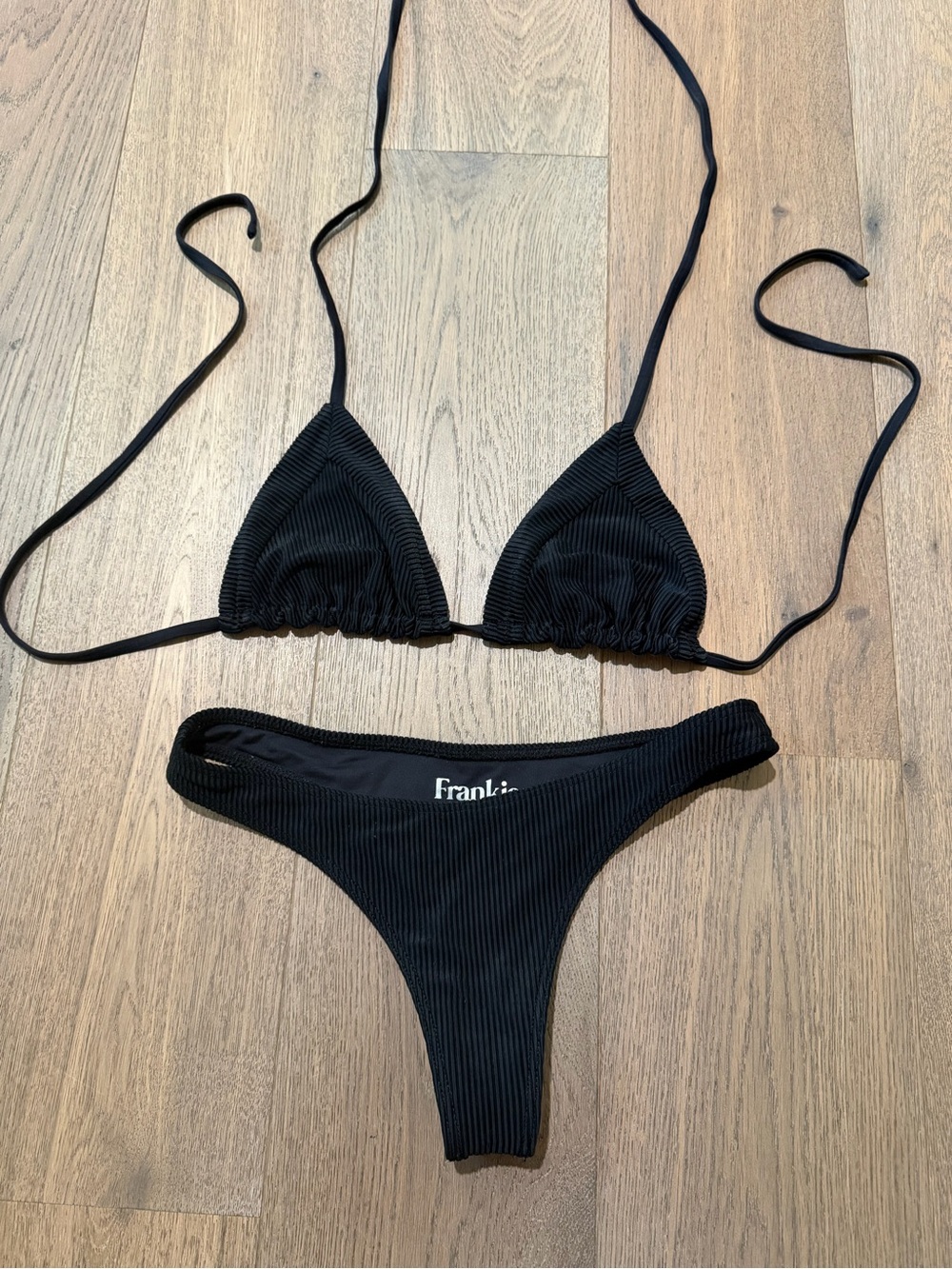 Frankie’s Bikinis Black Ribbed Triangle Bikini Set
